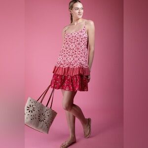 Cara Cara Tory Dress Spanish Tile Rose Floral Tiered Midi Size M